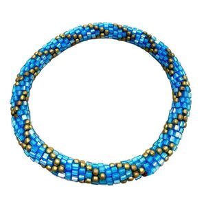 NWOT Vintage Aid Through Trade Roll on Beaded Bracelet Blue & Gold-tone